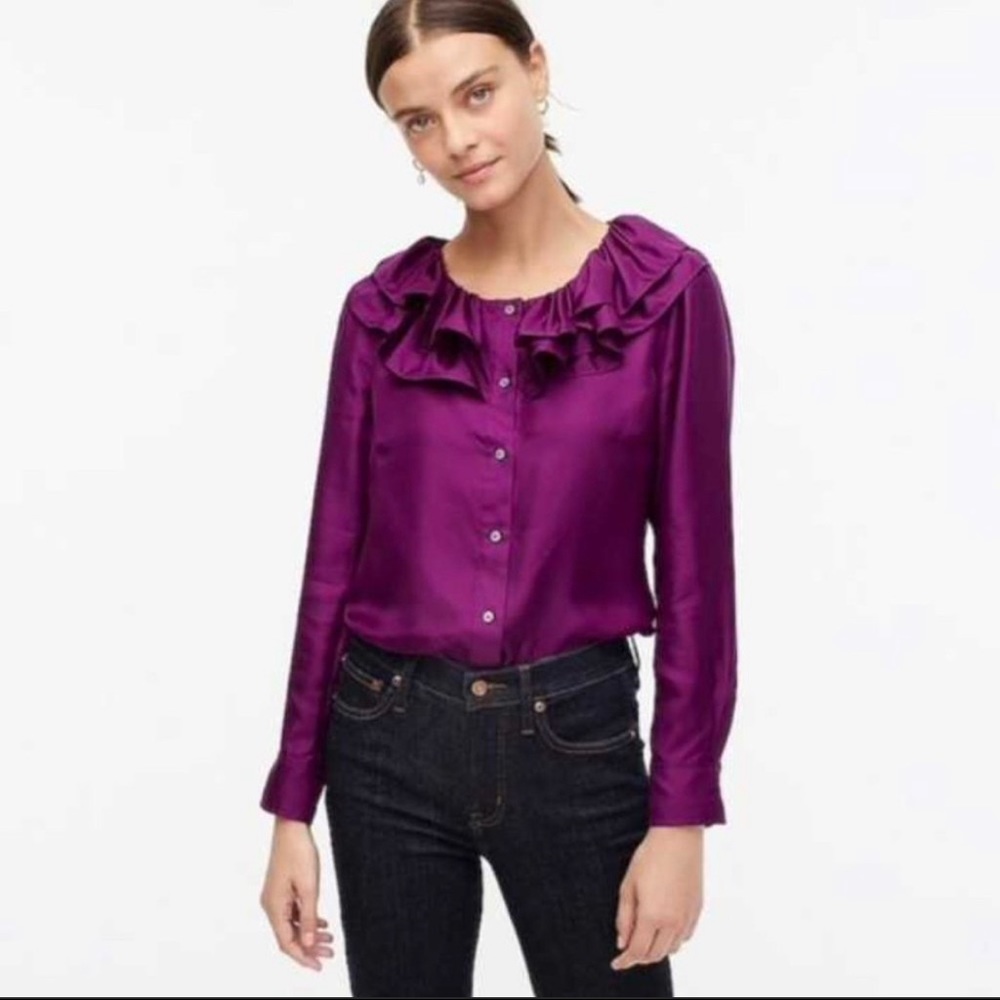 J. Crew Collection silk ruffle shirt purple NWT size Large